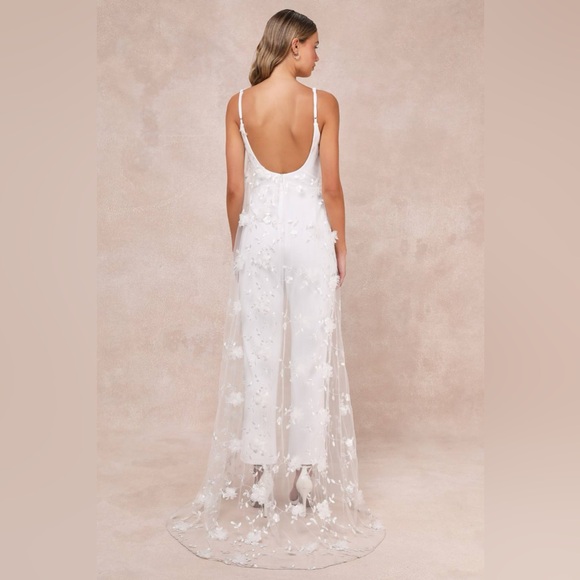Lulus Extreme Elegance White Mesh Floral Embroidered Cape Jumpsuit - Picture 2 of 9